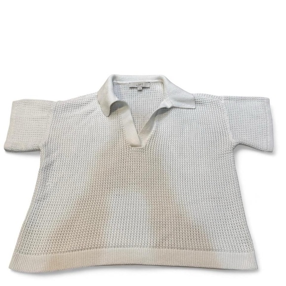 LOFT White Open Stitch Short Sleeve Polo Sweater Knit Top Large - Picture 2 of 10